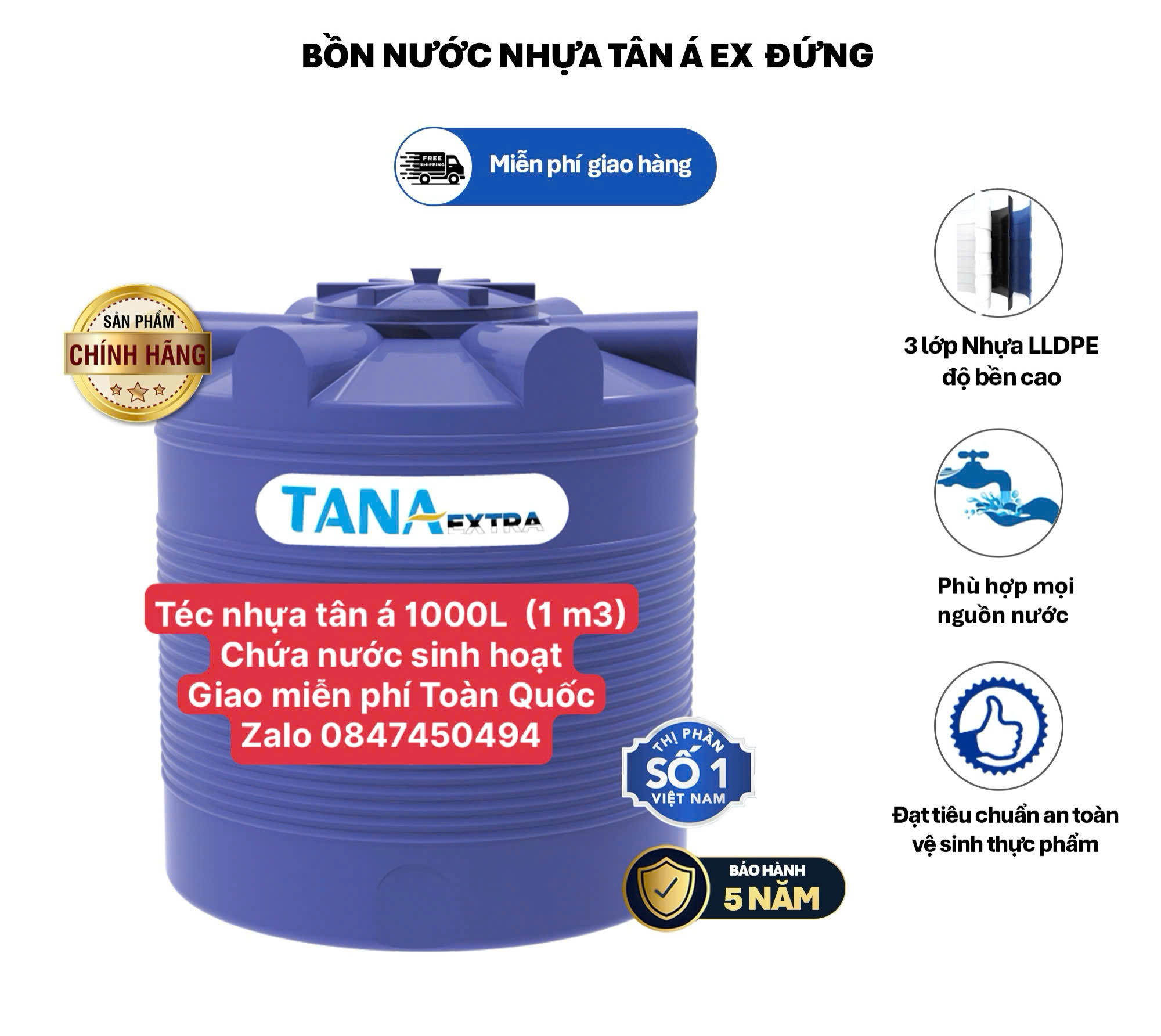 Bồn nhựa 1 m3 1 khối 1000L đứng( téc nhựa 1 khối đứng) tân á đại thành ex chứa nước dự trữ sinh hoạt gia đình giao miễn phí Toàn Quốc