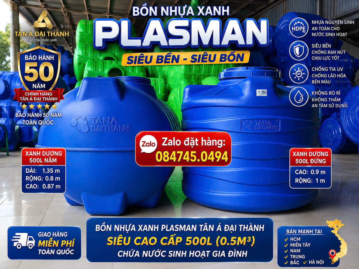 Bình nhựa 500 lít đứng xanh dương xanh lá siêu bền 6 lớp cao cấp plasman (0.5m3 đứng) 500L đứng siêu dẻo dai bảo hành 50 năm giao hàng miễn phí Toàn Quốc