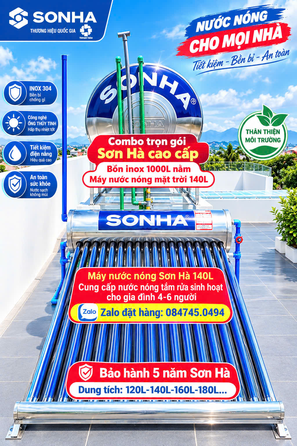 Máy nước nóng mặt trời Sơn Hà 140 lít 120 lít 140 lít 160 lít 180 lít giao lắp miễn phí Toàn Quốc