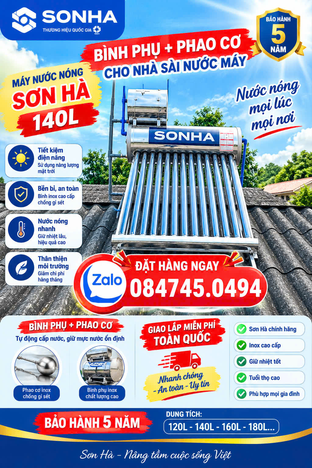 Máy Nước Nóng Sơn Hà 140L Năng Lượng Mặt Trời 140 lít Sơn Hà cho nhà cấp 4 gd 4-6 người Sài nước máy nhà nước không tên sử dụng bình phụ giao lắp miễn phí Toàn Quốc App