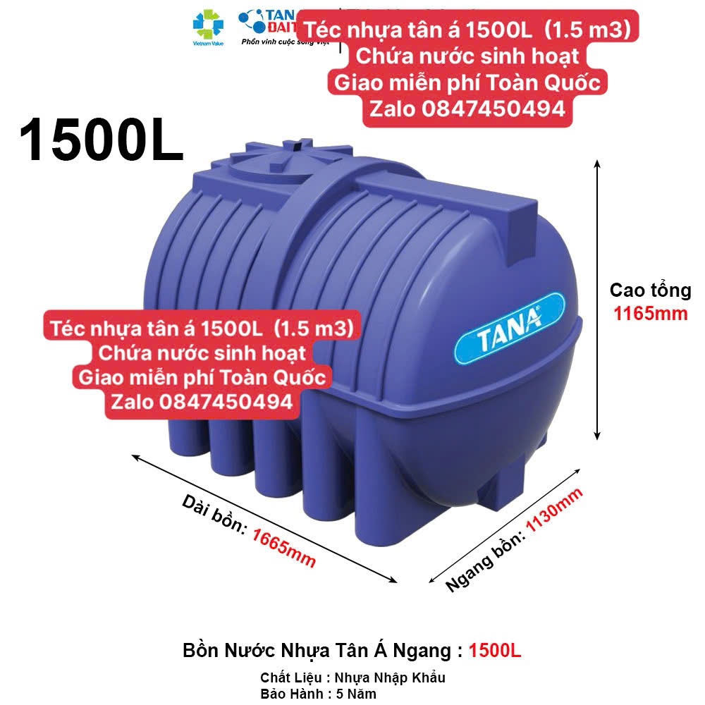 Bồn nhựa tân á 1500L nằm ngang(téc nước 1500 lít ngang) giao miễn phí Toàn Quốc