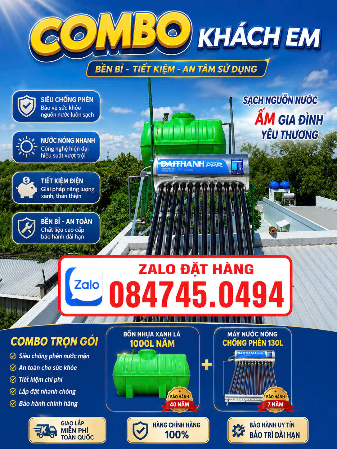 COMBO 1000L + MÁY NƯỚC NÓNG 130L – TRỌN GÓI CHO GIA ĐÌNH chống phèn BỒN NHỰA XANH LÁ 1000L NẰM chống phèn Máy nước nóng mặt trời 130L chống phèn giao miễn phí Toàn Quốc