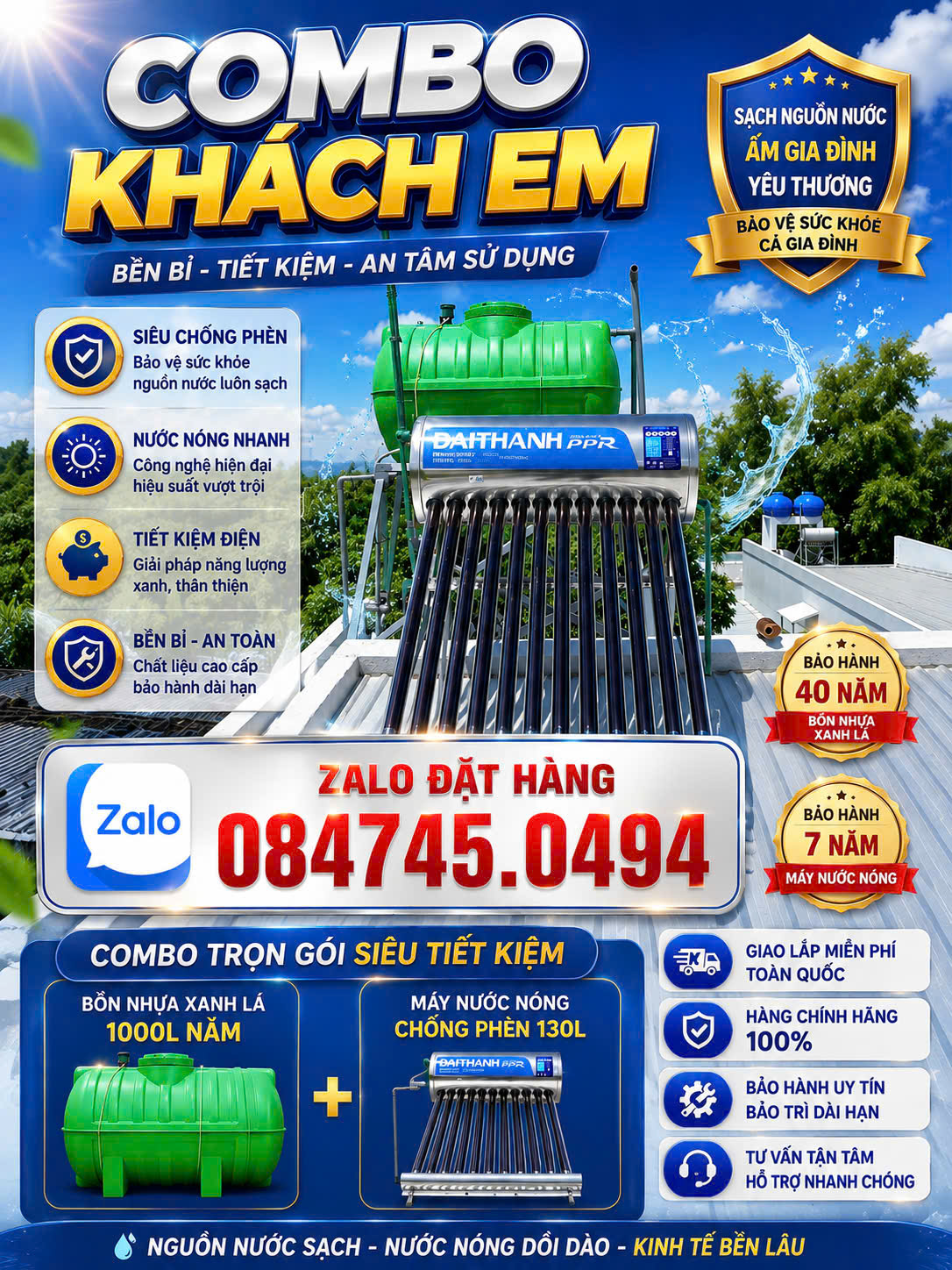 Bình nước nóng mặt trời cho nguồn nước bị miễn phèn nguồn nước nhiễm măn tân á đại thành ppr 130 lít giao lắp miễn phí