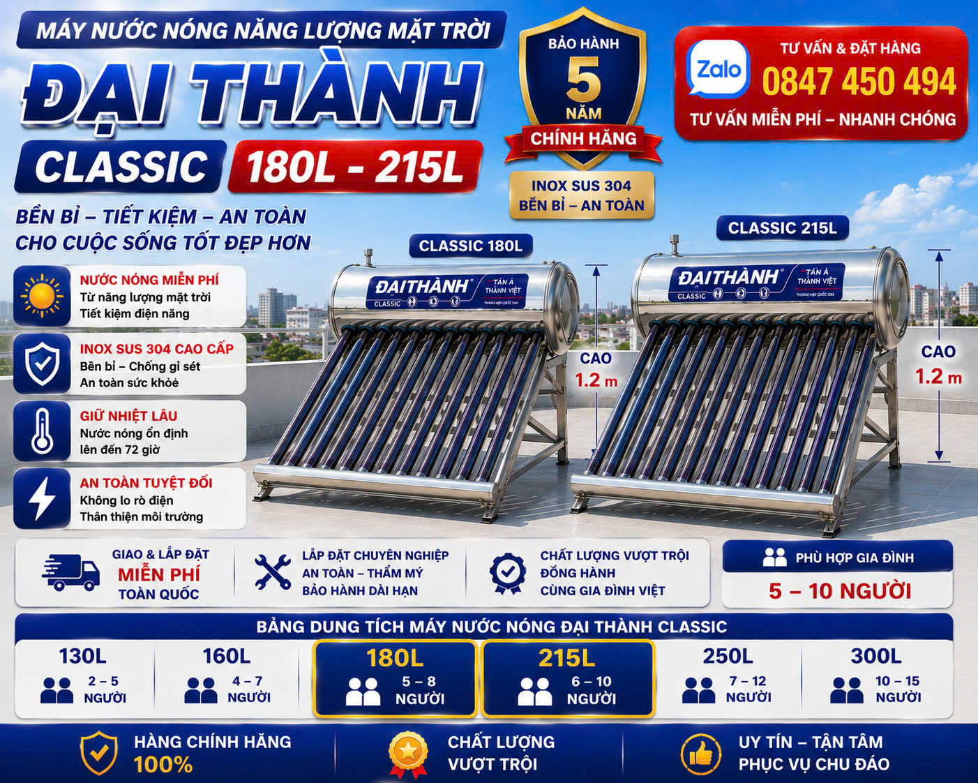 Máy nước nóng mặt trời 200 lít đại thành Classic chính hãng Tân Á Đại Thành- Giao và lắp miễn phí Toàn Quốc