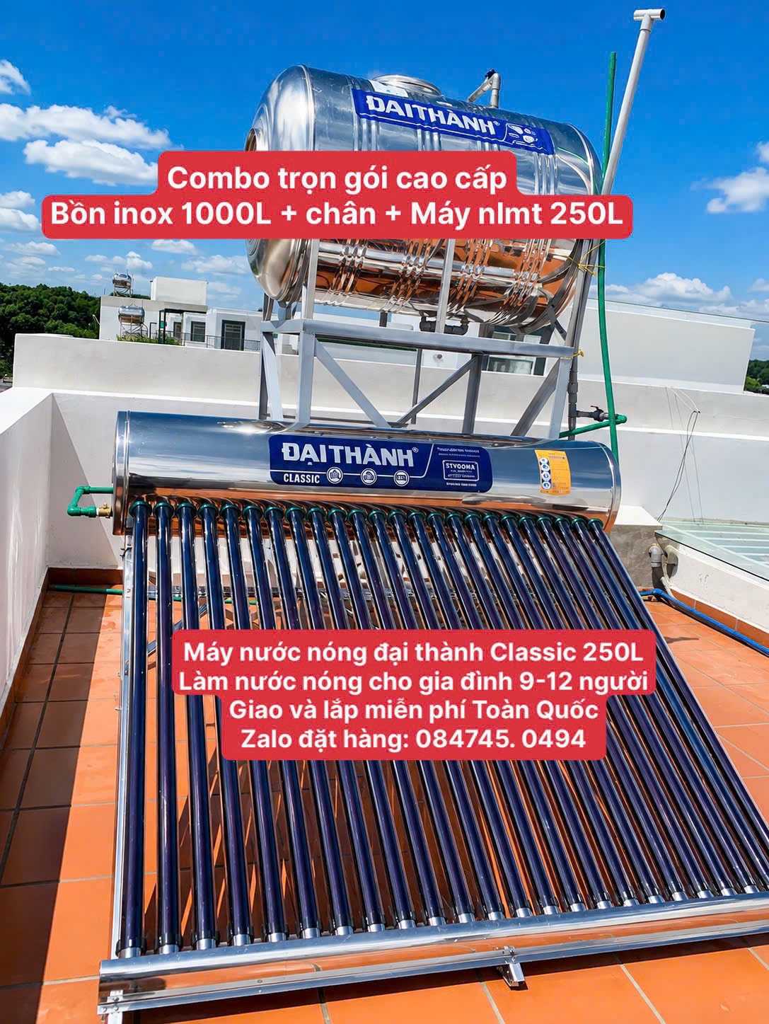 Máy nước nóng mặt trời 250L đại thành Classic chính hãng Tân Á Đại Thành- Giao và lắp miễn phí Toàn Quốc