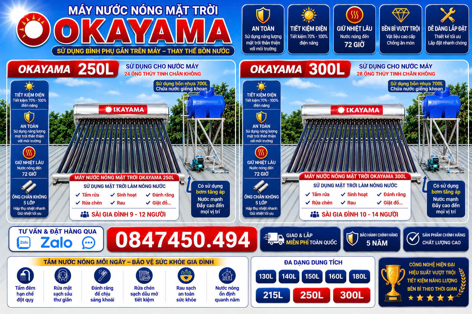 Máy nước nóng giá rẻ 300 lít dung tích lớn Okayama 300 lít tắm rửa sinh hoạt gia đình nấu ăn uống NƯỚC NÓNG CHO CẢ GIA ĐÌNH 10–14 NGƯỜI giao lắp miễn phí Toàn Quốc