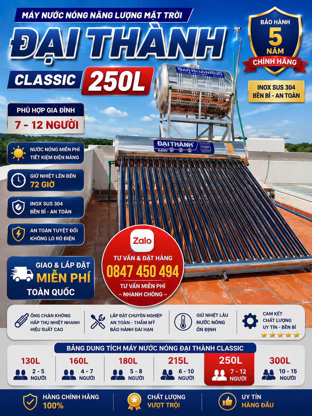 Máy nước nóng mặt trời đại thành Classic 250 lít cao cấp - Máy nước nóng mặt trời 250L đại thành Classic chính hãng Tân Á Đại Thành- Giao và lắp miễn phí Toàn Quốc