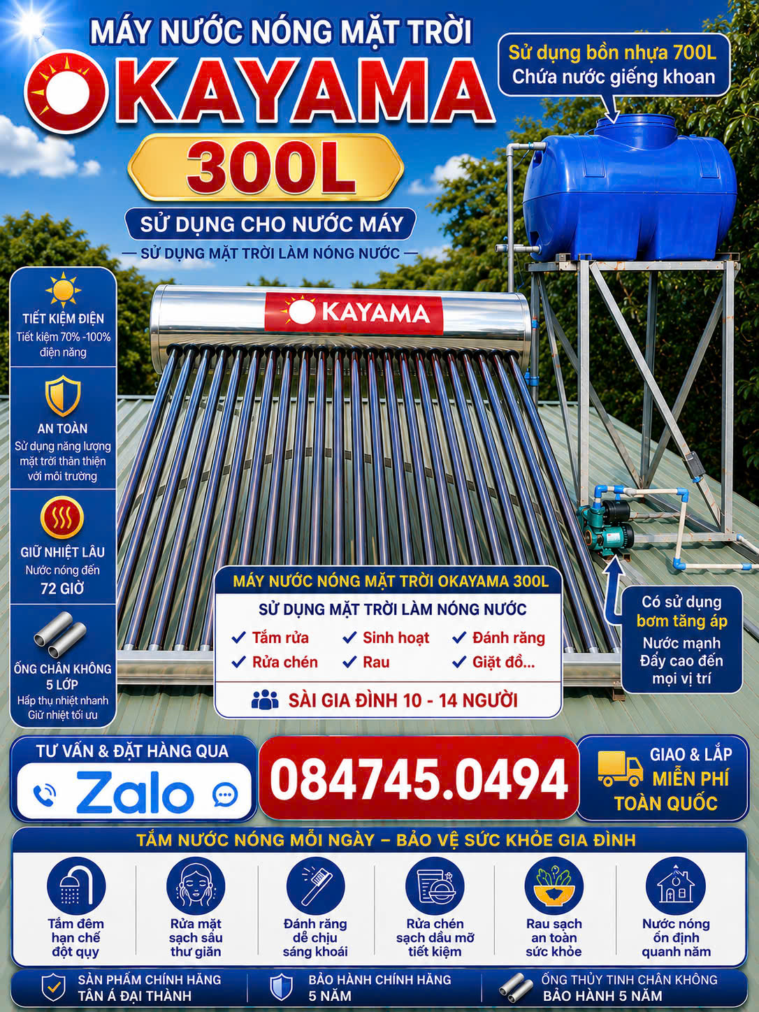 Máy nước nóng mặt trời 300L Okayama 300 lít tắm rửa sinh hoạt gia đình nấu ăn uống NƯỚC NÓNG CHO CẢ GIA ĐÌNH 10–14 NGƯỜI giao lắp miễn phí Toàn Quốc