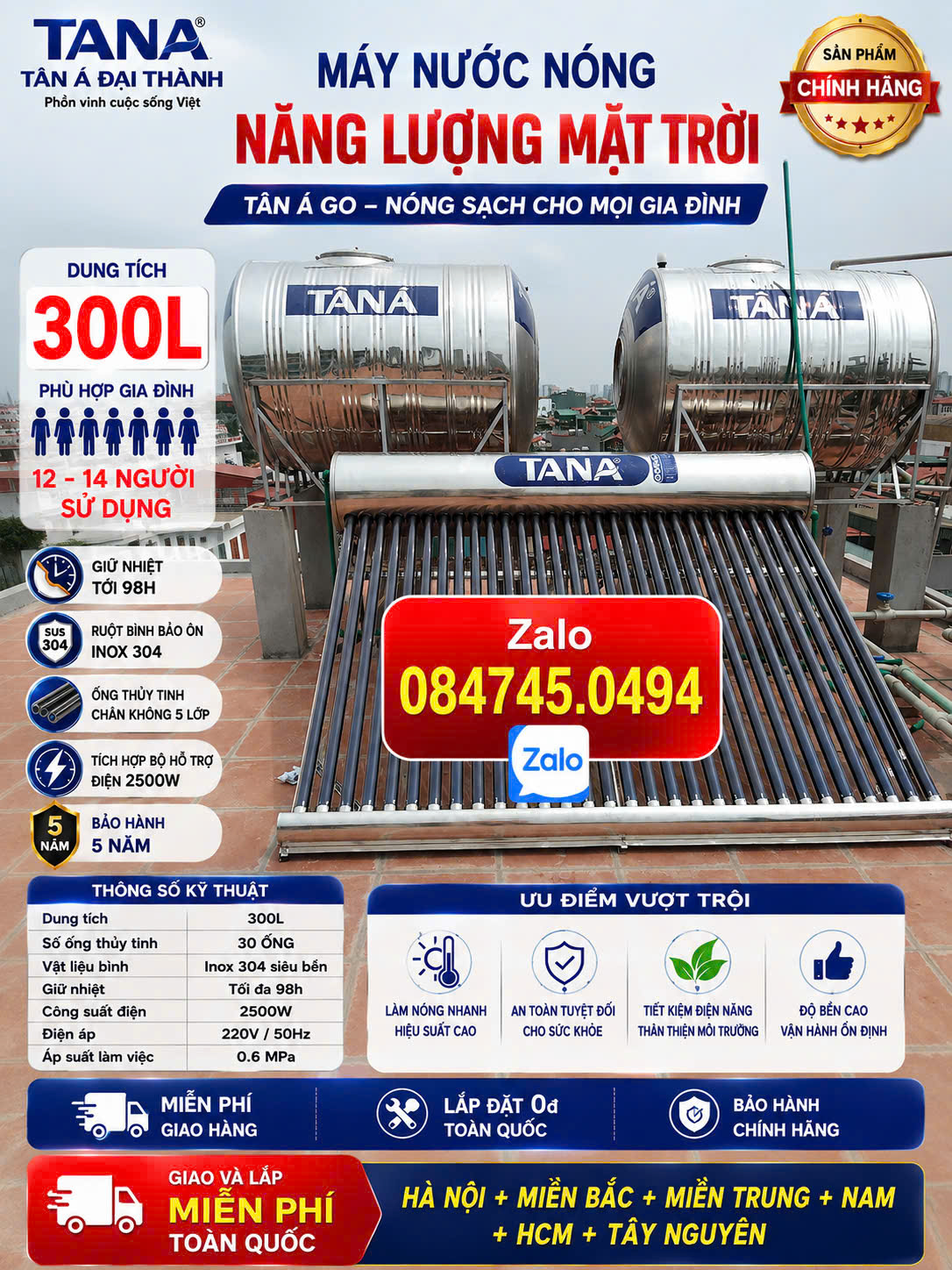 Máy nước nóng mặt trời 300L Tân Á Đại Thành tắm rửa sinh hoạt gia đình nấu ăn uống Bán Mạnh Miền Bắc Miền Trung Miền Nam – NƯỚC NÓNG CHO CẢ GIA ĐÌNH 10–14 NGƯỜI giao lắp miễn phí Toàn Quốc