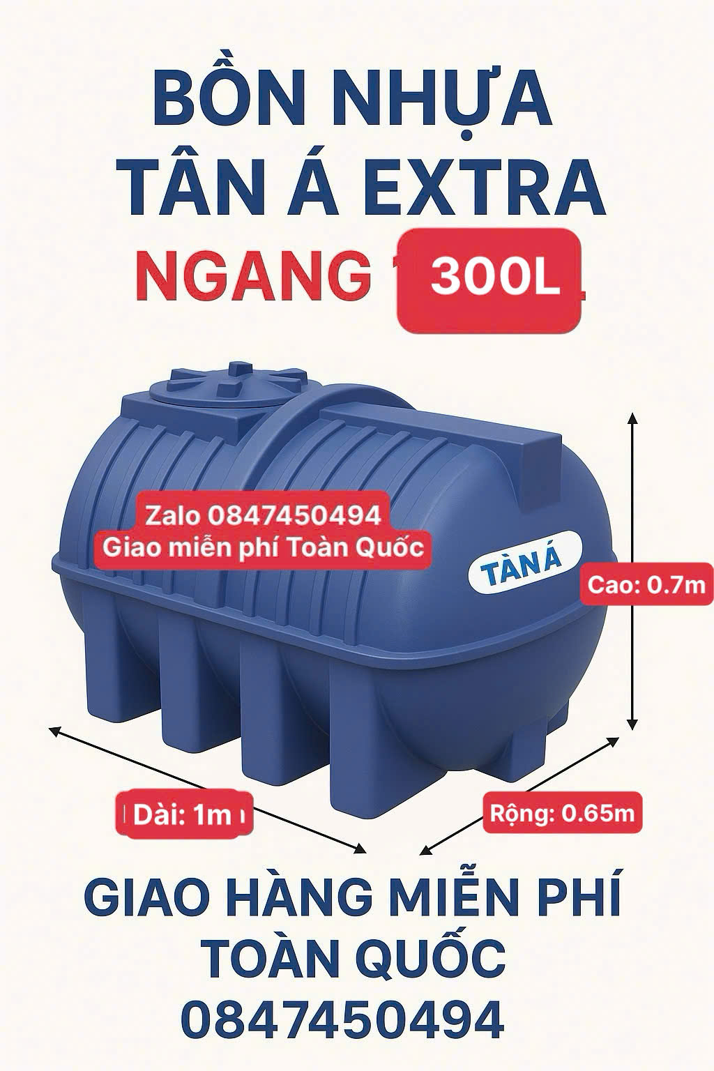 Bồn nước 300L nằm(téc nước 300 lít nằm) tân á đại thành ex chứa nước sinh hoạt gia đình giao miễn phí Toàn Quốc