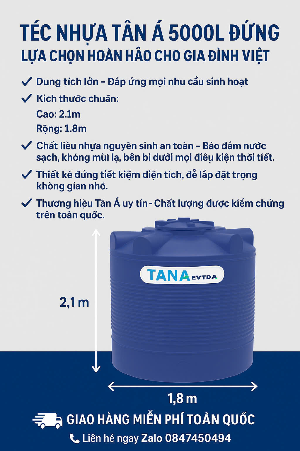 Téc nước 5000 lít đứng (thùng nhựa 5 khối) tân á đại thành chứa nước sinh hoạt gia đình giao miễn phí Toàn Quốc