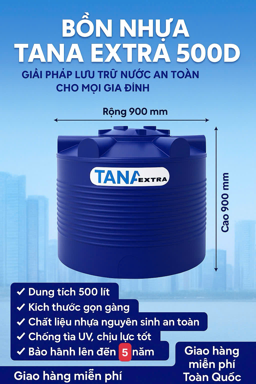 Téc nước 500 lít 0.5m3 0.5 khối(Bình nước 500l) đứng tân á đại thành chứa nước sinh hoạt gia đình giao miễn phí Toàn Quốc