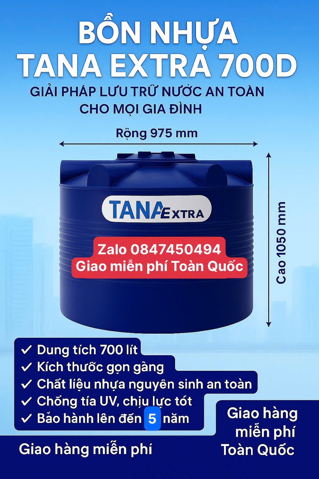 Bồn nước 700 lít 0.7m3 0.7khối(téc nước 700l)đứng tân á đại thành chứa nước sinh hoạt gia đình giao miễn phí Toàn Quốc