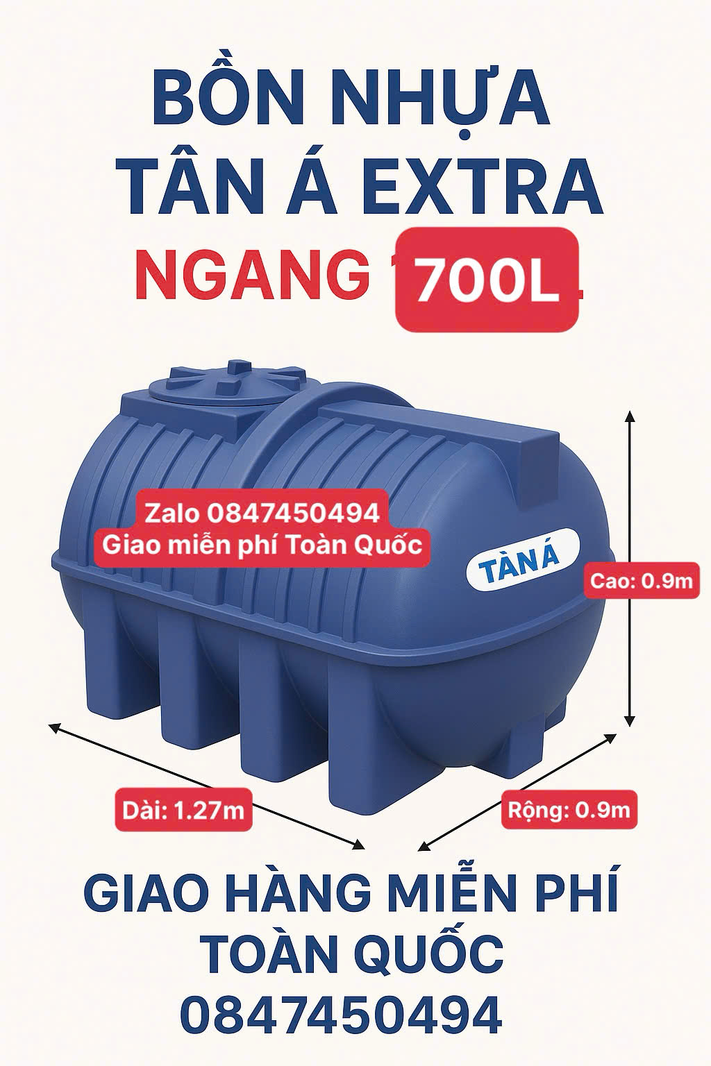 Bồn nước 700L nằm(téc nước 700 lít nằm) tân á đại thành ex chứa nước sinh hoạt gia đình giao miễn phí Toàn Quốc
