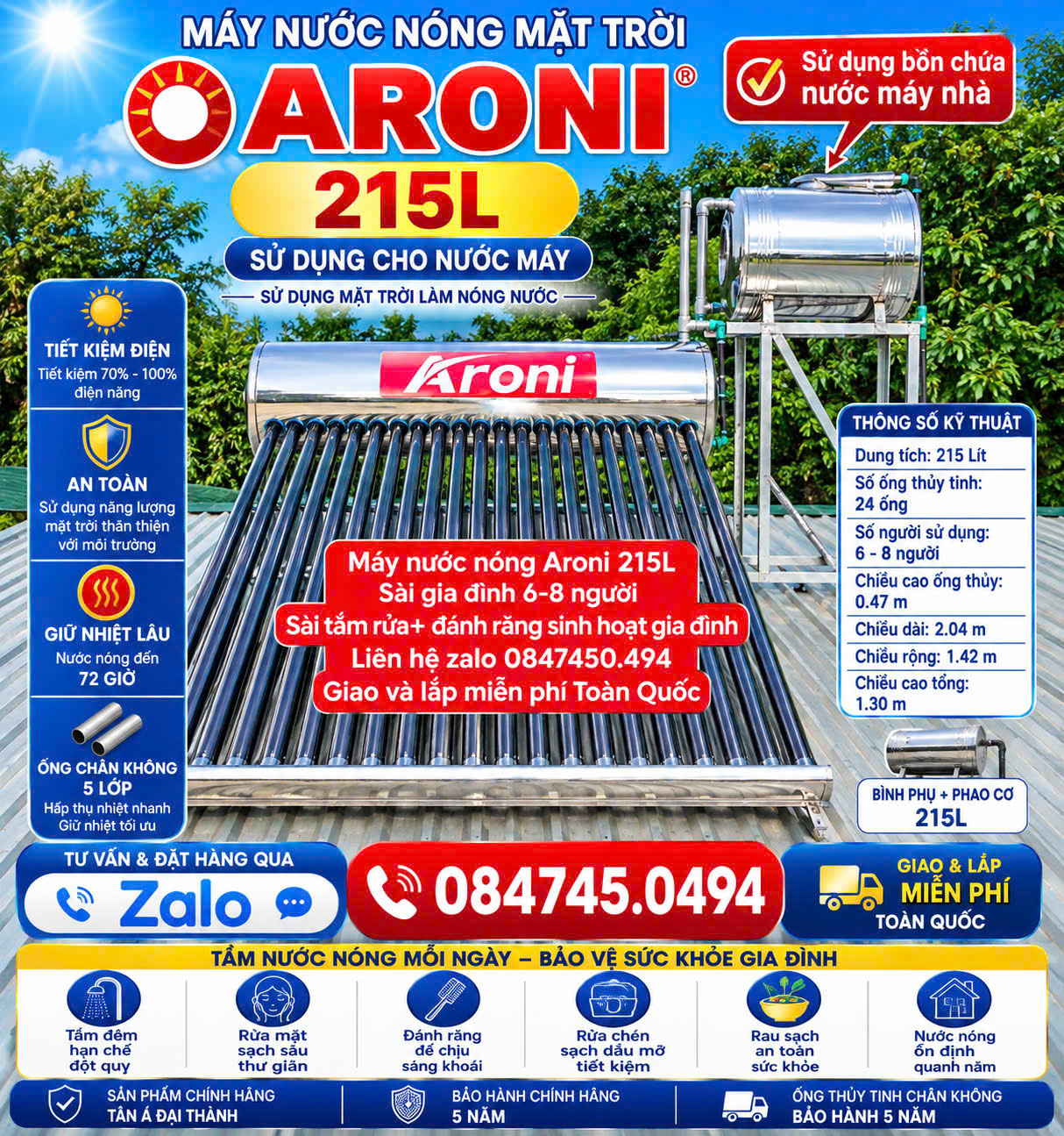 Máy nước nóng mặt trời 215L Aroni 215 lít aroni 215L tắm rửa sinh hoạt gia đình nấu ăn uống NƯỚC NÓNG CHO CẢ GIA ĐÌNH 8–11 NGƯỜI