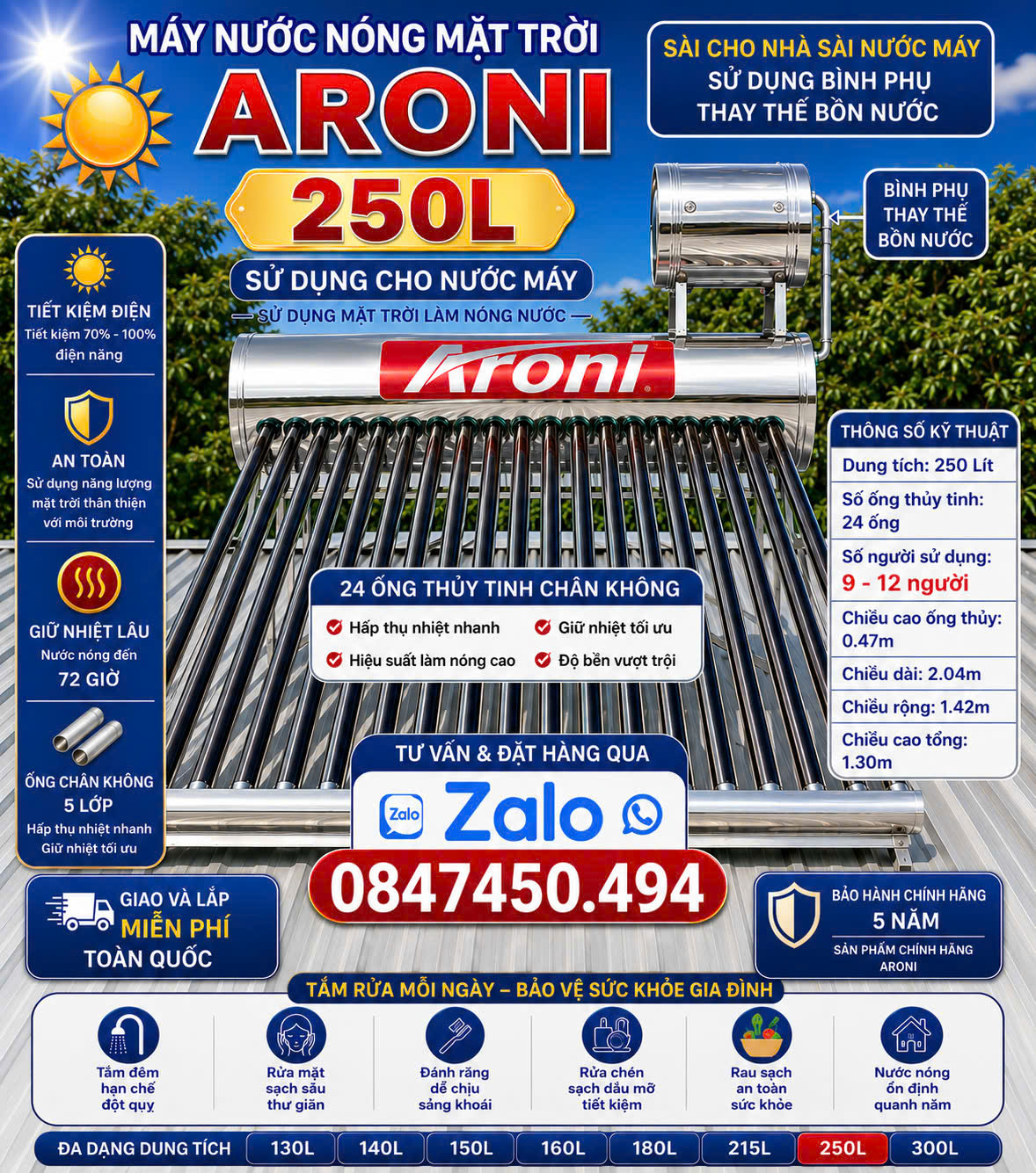Máy nước nóng mặt trời 250L Aroni 250 lít aroni 250L tắm rửa sinh hoạt gia đình nấu ăn uống NƯỚC NÓNG CHO CẢ GIA ĐÌNH 10–14 NGƯỜI