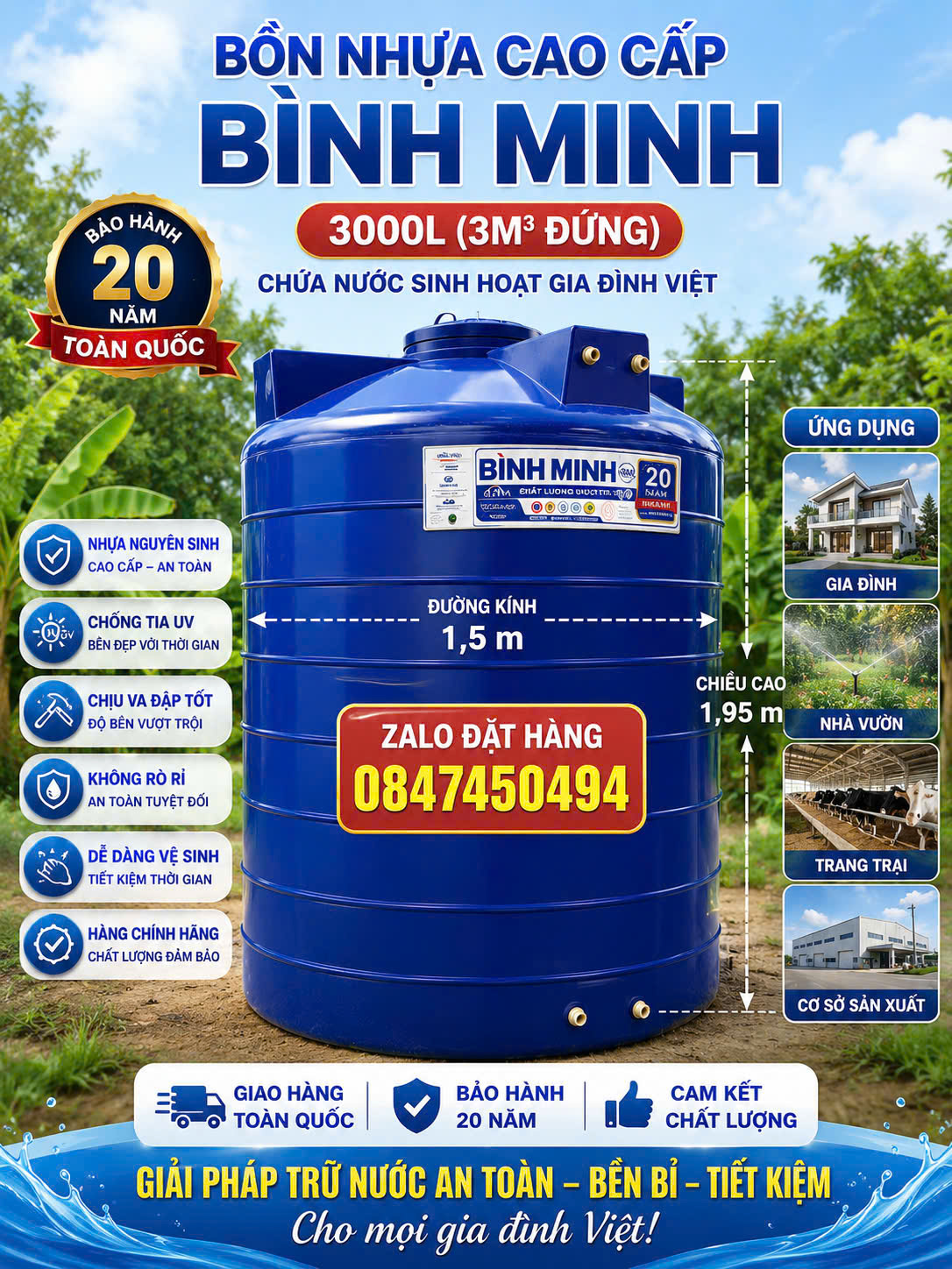 Bình nhựa 3 khối đứng Bình Minh Téc nhựa 3000 lít đứng bình minh chính hãng giao miễn phí Toàn Quốc