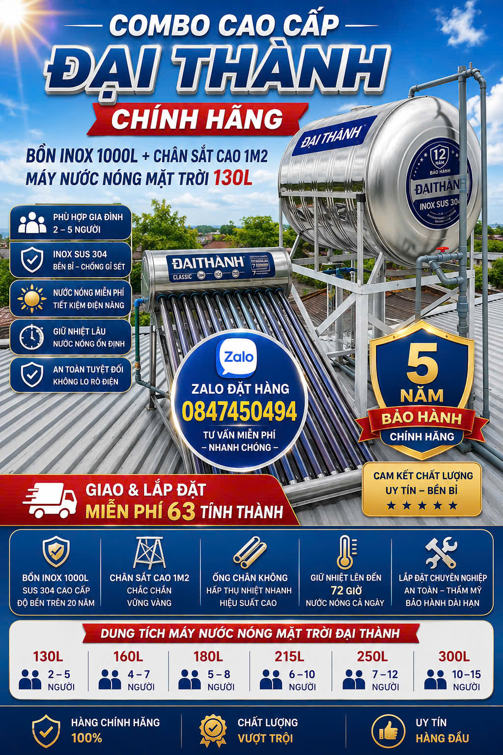 Combo trọn gói Bồn inox Đại Thành 1000L SUS 304 +Máy nước nóng năng lượng mặt trời Đại Thành+Bộ lọc đầu nguồn Beluga 2.1 giao và lắp Toàn Quốc