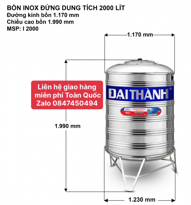 Bồn inox đại thành 2000 lít đứng