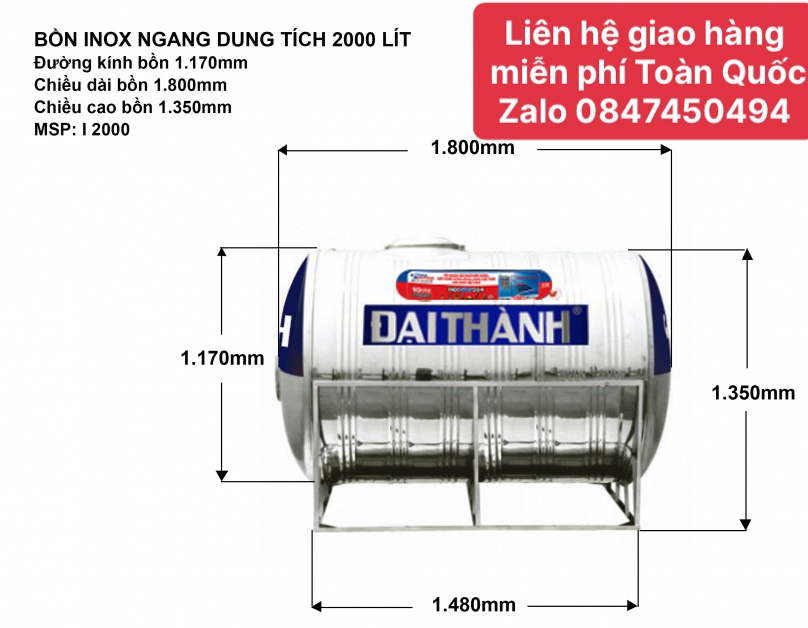 Bồn inox đại thành 2000 lít ngang