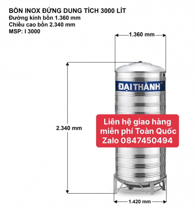 Bồn nước inox Đại Thành 3000 lít Đứng SUS 304