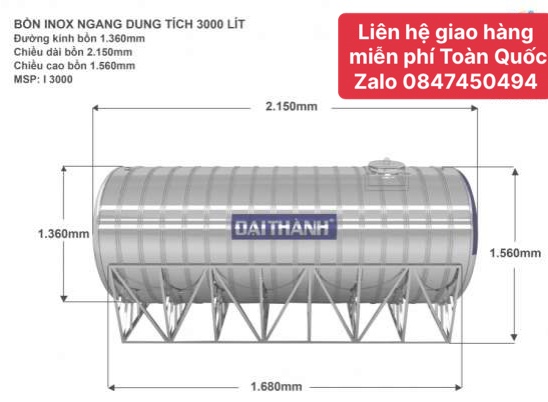 Bồn nước inox Đại Thành 3000 lít nằm ngang Sus 304