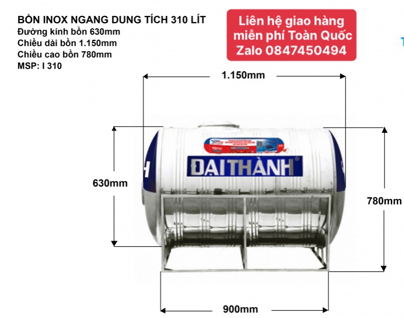 Bồn inox 300 lít ngang