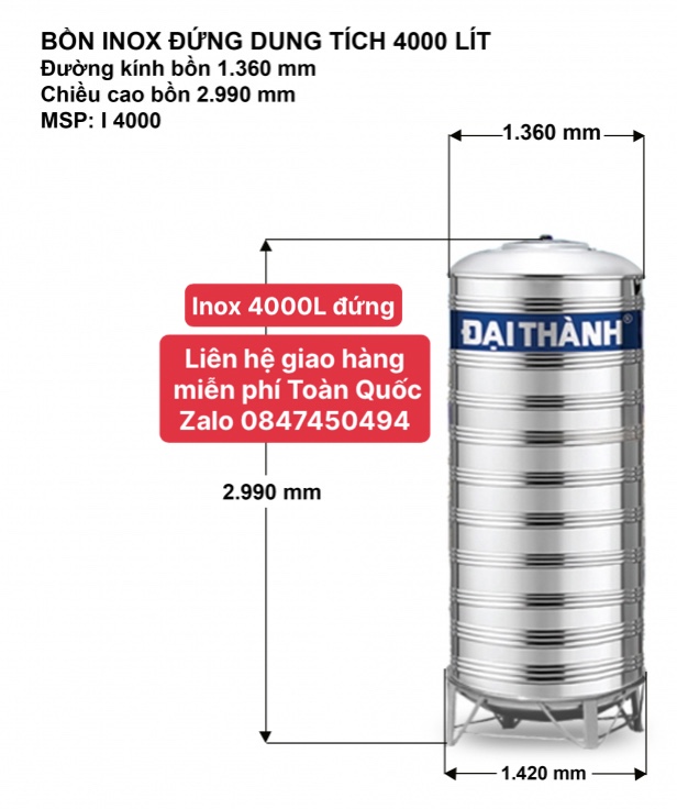 Bồn inox đại thành 4000 lít đứng