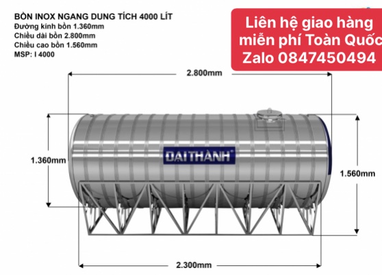 Bồn inox đại thành 4000 lít ngang