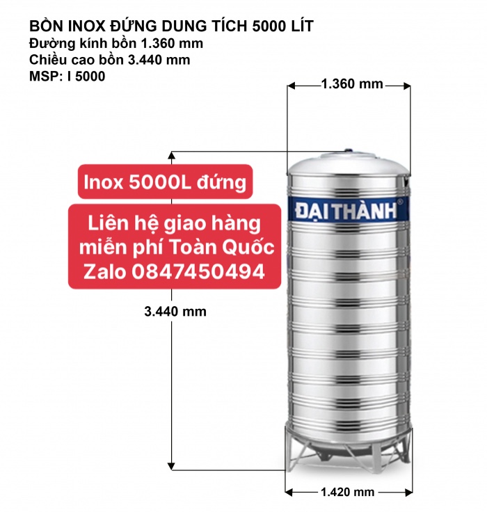 Bồn inox đại thành 5000 lít đứng