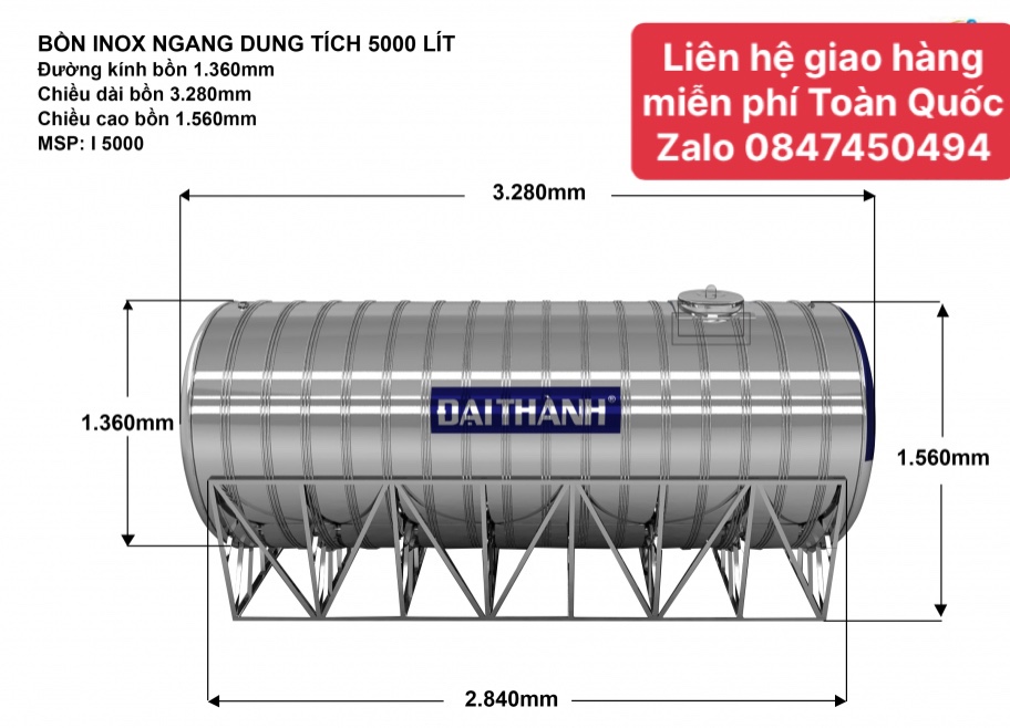 Bồn inox đại thành 5000 lít ngang