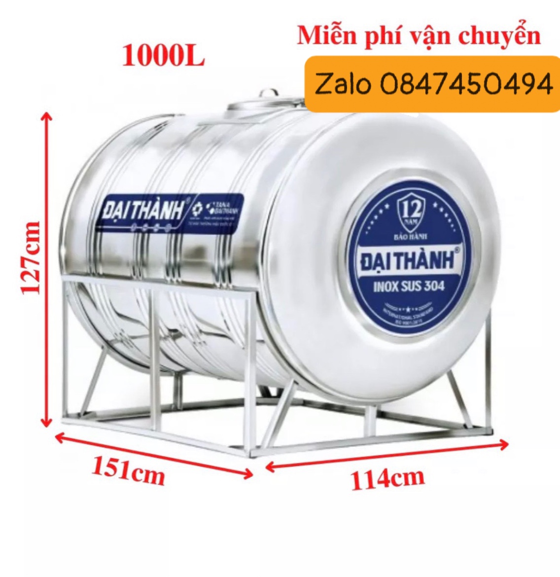 Bồn inox đại thành 1000 lít ngang