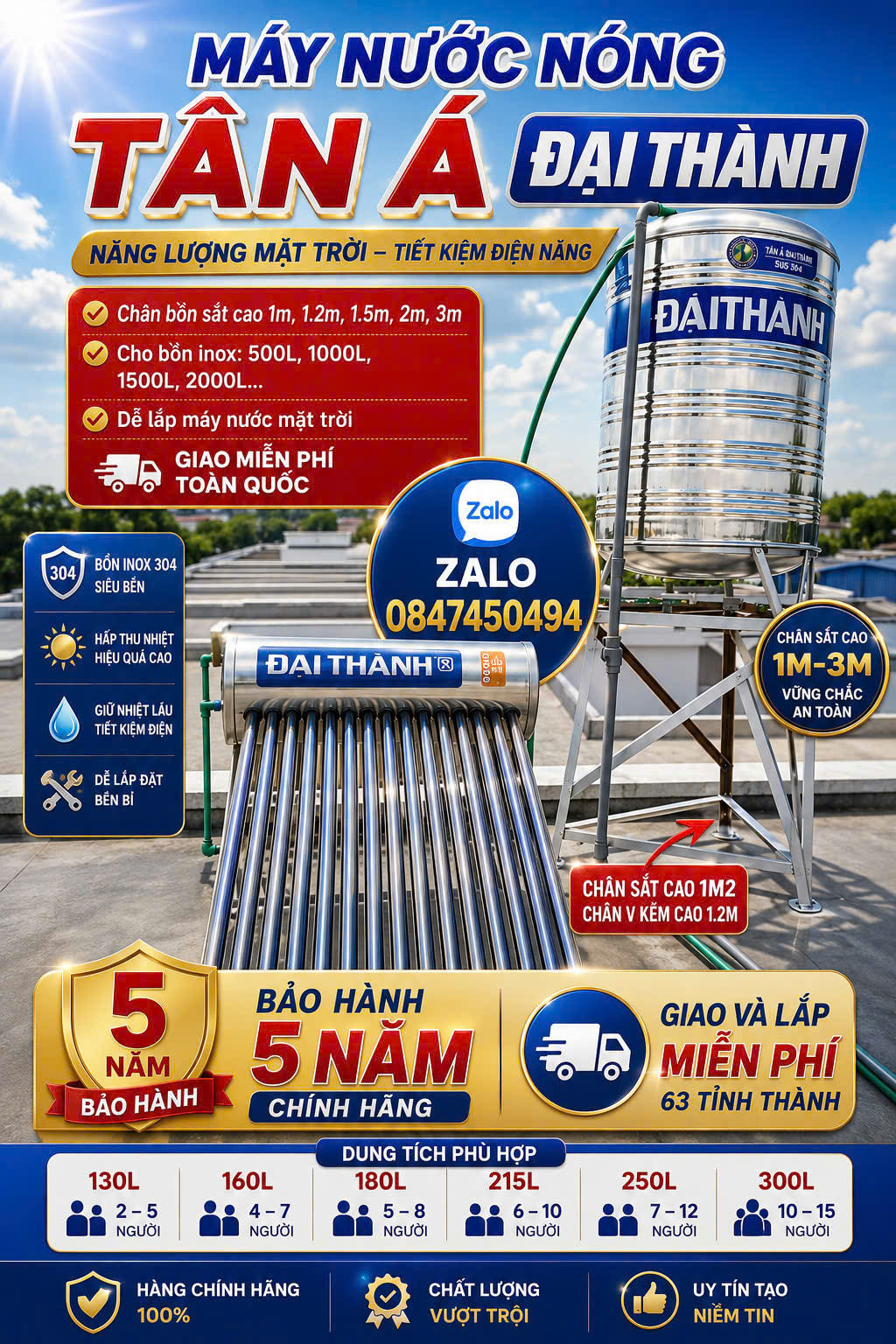 Máy nước nóng năng lượng mặt trời Đại Thành 8 130 lít chi gd 2-4 người giao và lắp Toàn Quốc