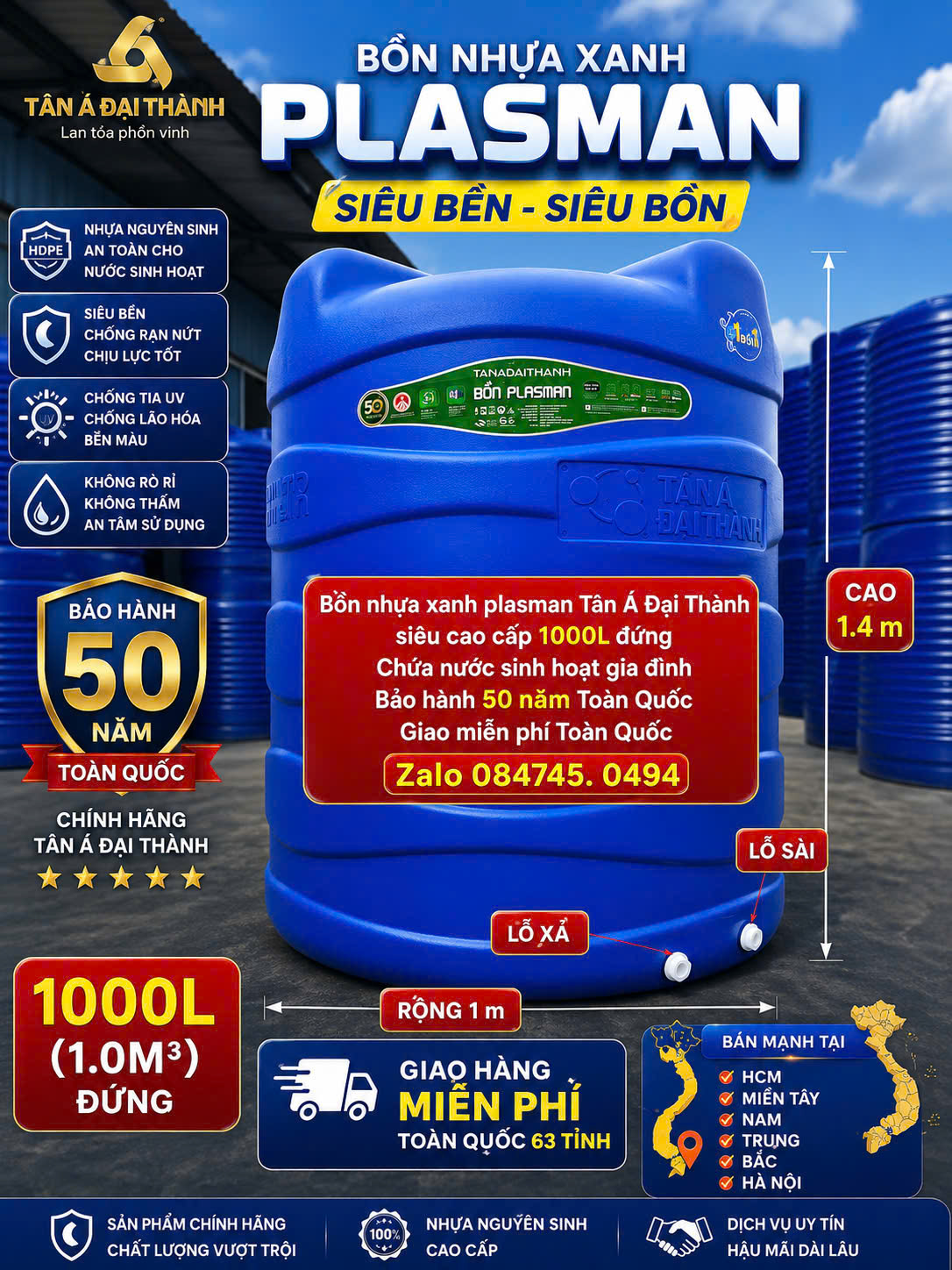 Bồn nhựa 1000 lít 1m3 đứng xanh dương xanh lá siêu bền 6 lớp cao cấp plasman (1m3 đứng) 1000L đứng siêu dẻo dai bảo hành 50 năm giao miễn phí Toàn Quốc