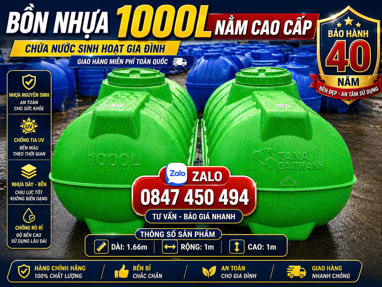 Bồn nhựa 500L nằm Plasman đại thành dày 6 lớp cao cấp(500 lít 0.5m3 0.5 khối) chứa nước sinh hoạt giao miễn phí toàn quốc