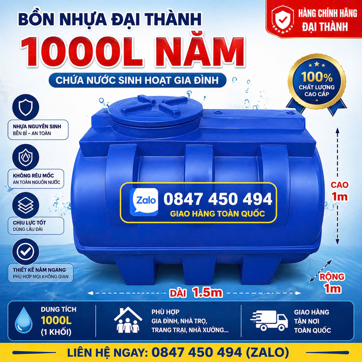 BỒN NHỰA ĐẠI THÀNH 1000L NẰM CHÍNH HÃNG Téc nhựa Đại thành 1 khối nằm Bình nhựa 1 m3 nằm ngang – GIẢI PHÁP TRỮ NƯỚC AN TOÀN CHO MỌI GIA ĐÌNH giao miễn phí Toàn Quốc