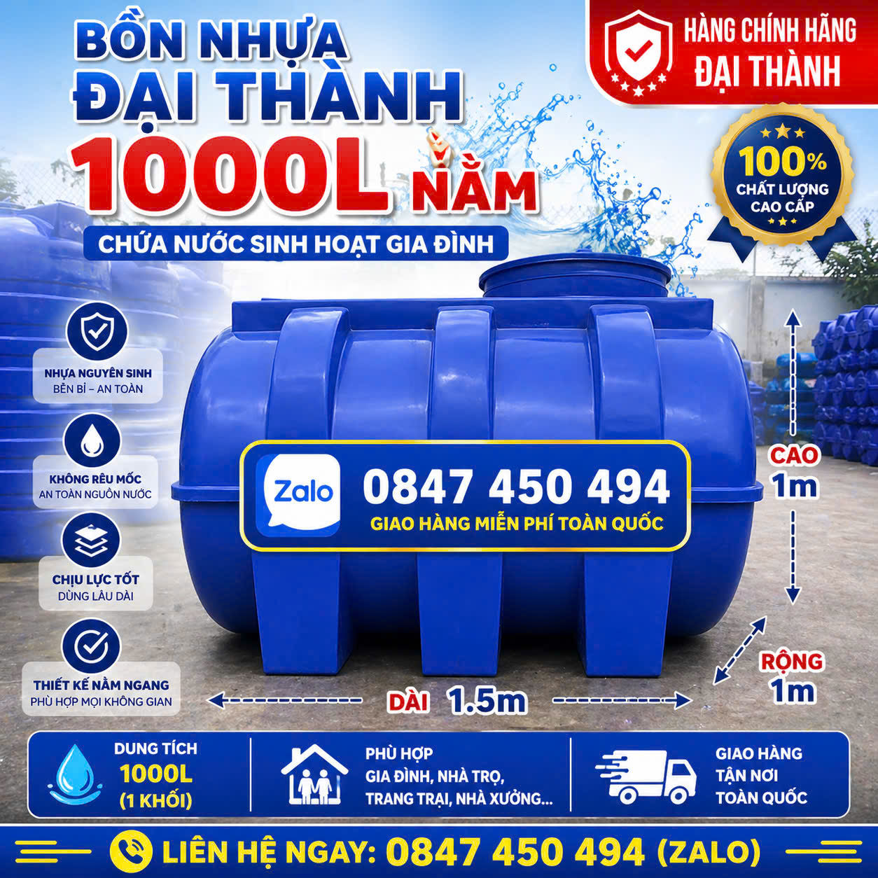 BỒN NHỰA ĐẠI THÀNH 1000L NẰM CHÍNH HÃNG Téc nhựa Đại thành 1 khối nằm Bình nhựa 1 m3 nằm ngang