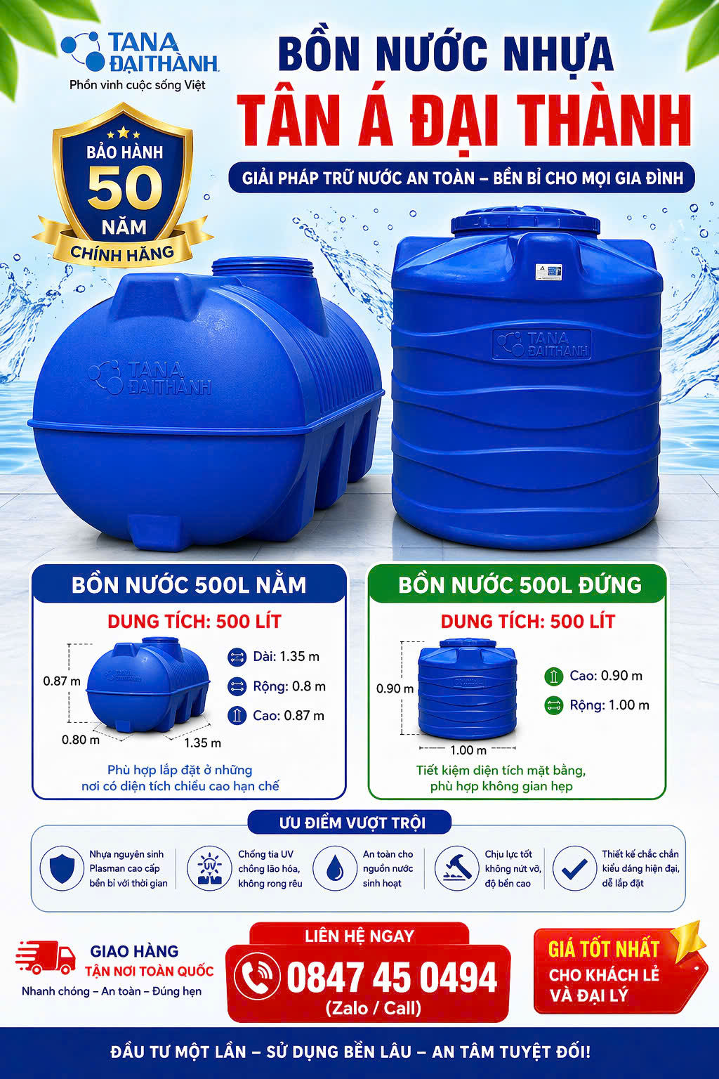 Bồn nhựa 500L nằm Plasman đại thành dày 6 lớp cao cấp(500 lít 0.5m3 0.5 khối) chứa nước sinh hoạt giao miễn phí toàn quốc