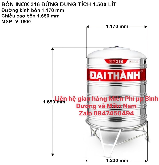 Bồn inox 316 vigo 1500 đứng