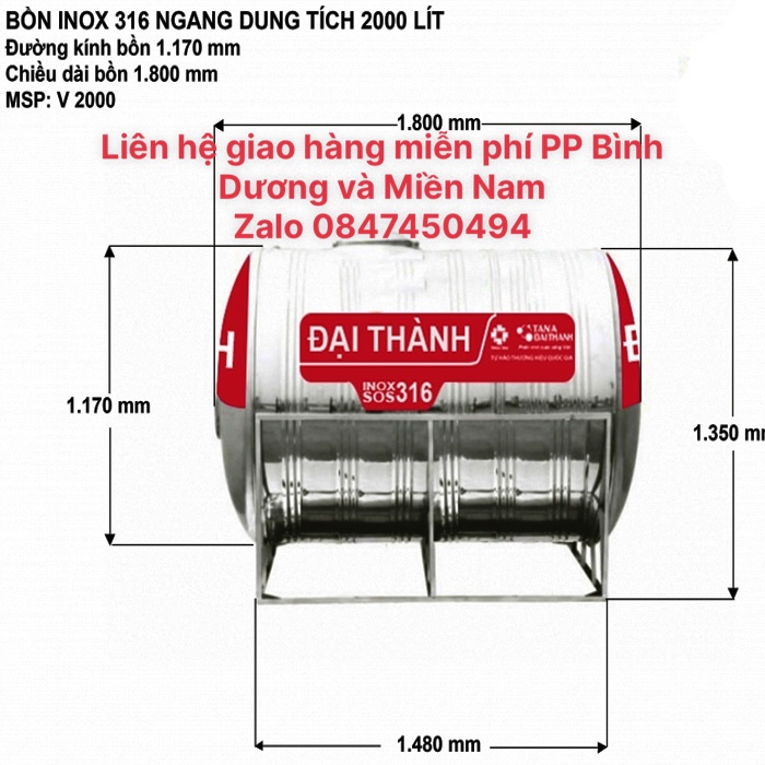 Bồn inox 316 vigo 2000 ngang