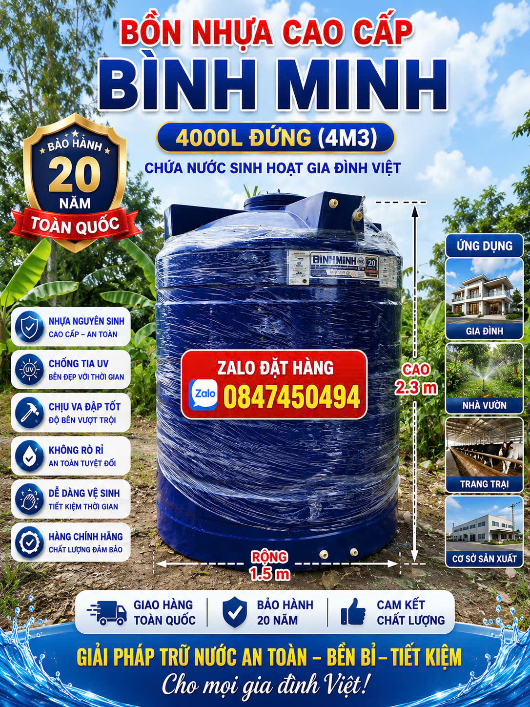 Téc nhựa 4000 lít đứng bình minh-Bình nhựa 4 khối đứng chính hãng giao miễn phí Toàn Quốc
