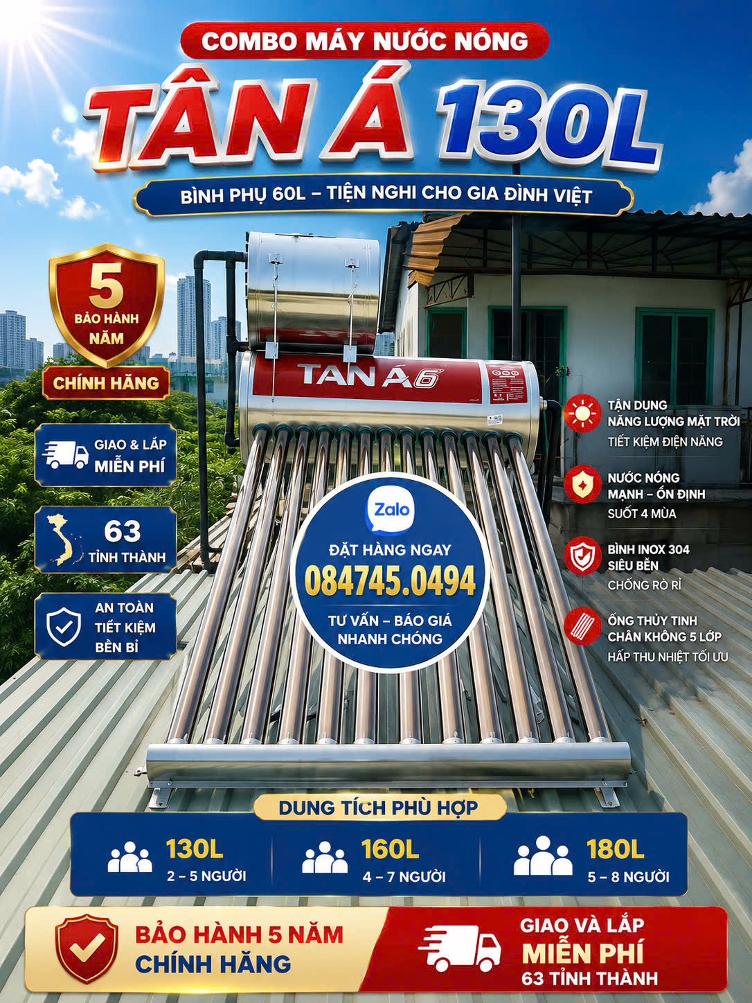Bình NƯỚC NÓNG NĂNG LƯỢNG MẶT TRỜI SOLAR TÂN Á 130L 160L 180L tiết kiệm điện bảo hành 5 năm chính hãng giao và lắp miễn phí Toàn Quốc