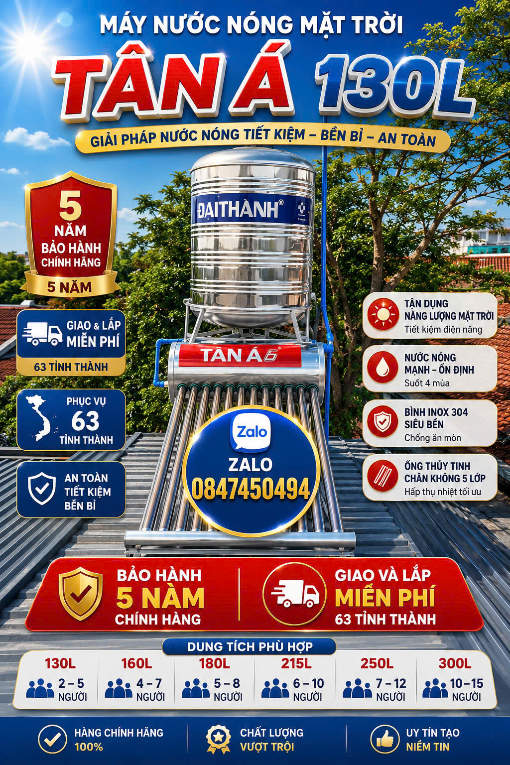 MÁY NƯỚC NÓNG NĂNG LƯỢNG MẶT TRỜI TÂN Á 130L 160L 180L bảo hành 5 năm chính hãng giao và lắp miễn phí Toàn Quốc