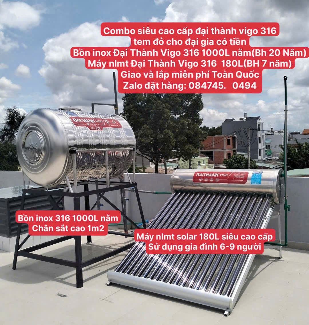 Máy nước nóng mặt trời 180 lít đại thành inox 316 Vigo 180L sus 316 siêu cao cấp xịn nhất bảo hành 7 năm giao và lắp miễn phí Toàn Quốc