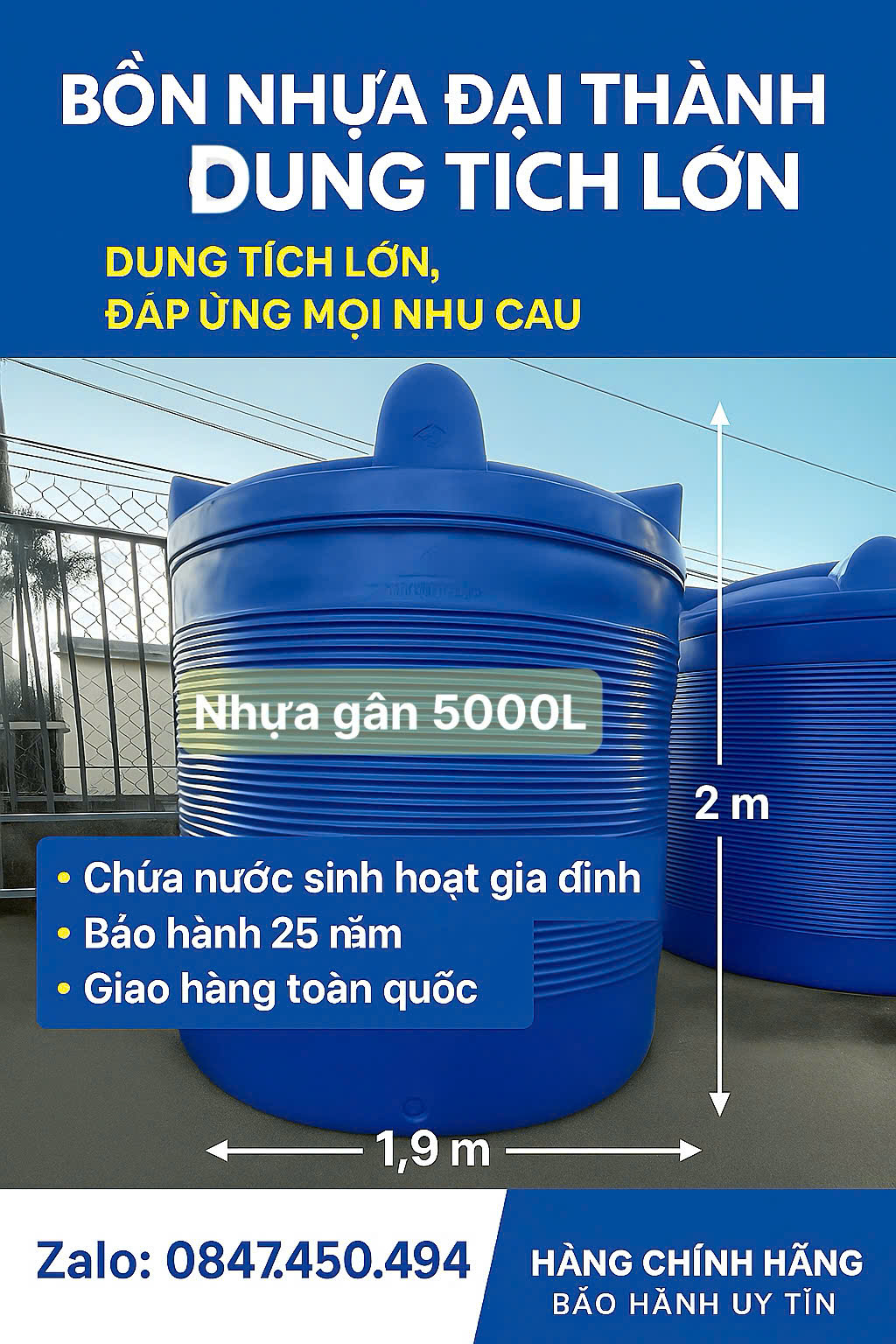 Bồn nhựa 5000 lít đứng 5m3 (5000 lít) đứng thế hệ mới THM Giao hàng Miễn Phí Toàn Quốc( Tân Á Đại Thành)
