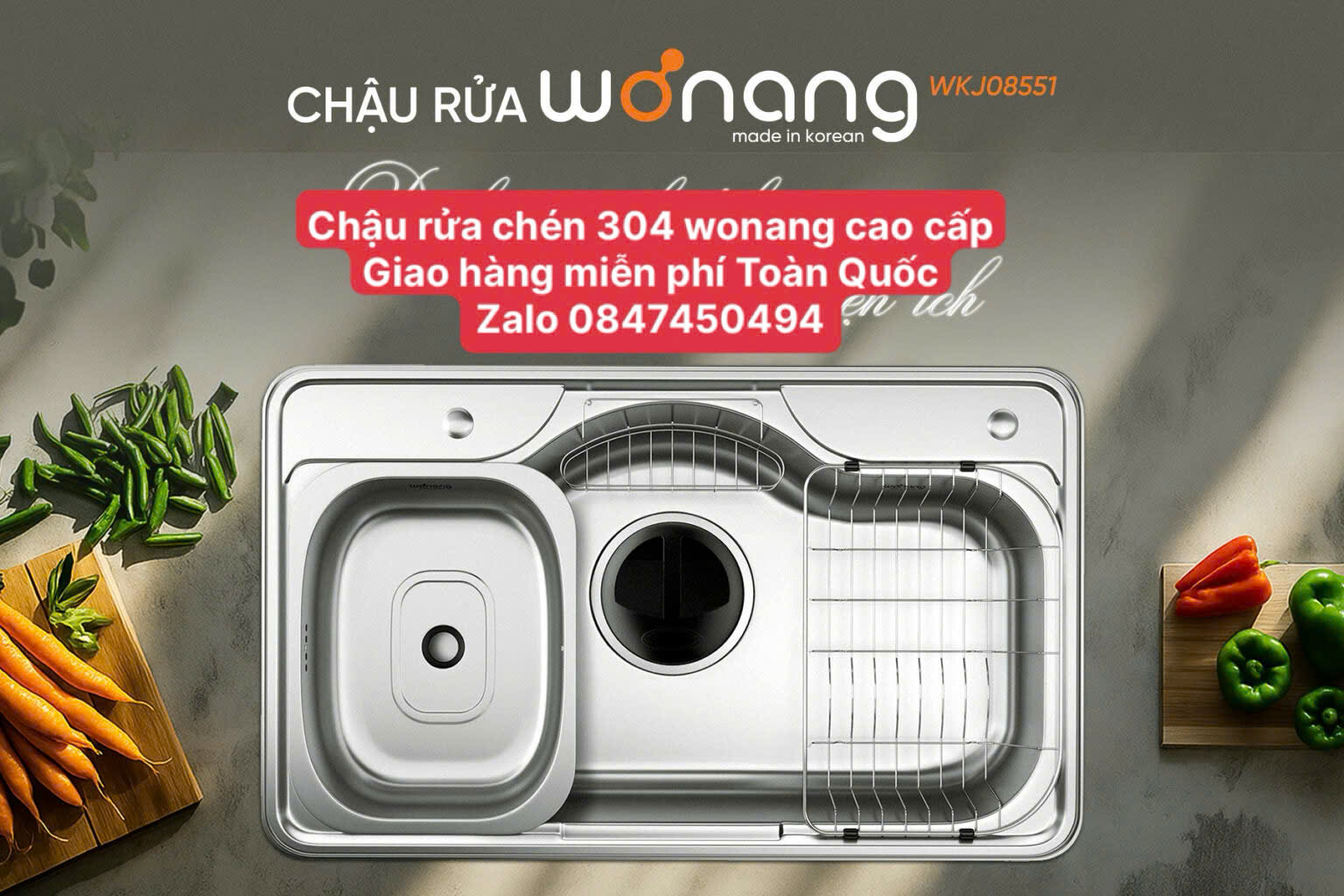 Bộ chậu rửa chén wonang WKJ08551 của hàn quốc thép không gỉ posco 304 cao cấp tân á đại thành giao miễn phí Toàn Quốc