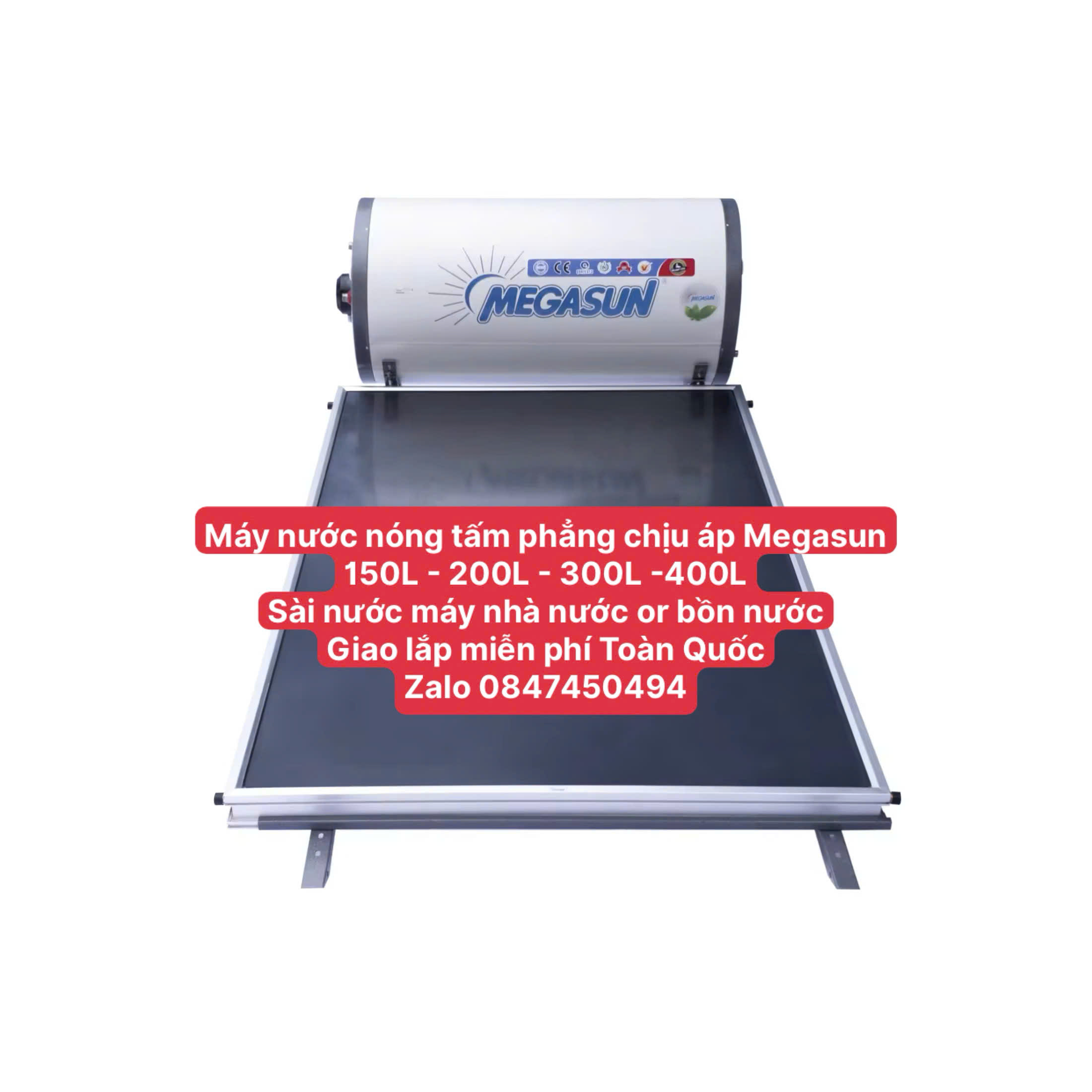 Máy nước nóng tấm phẳng chịu áp megasun 150L sài cho nhà mái thái mái ngói không cần bình phụ giao lắp miễn phí Toàn Quốc