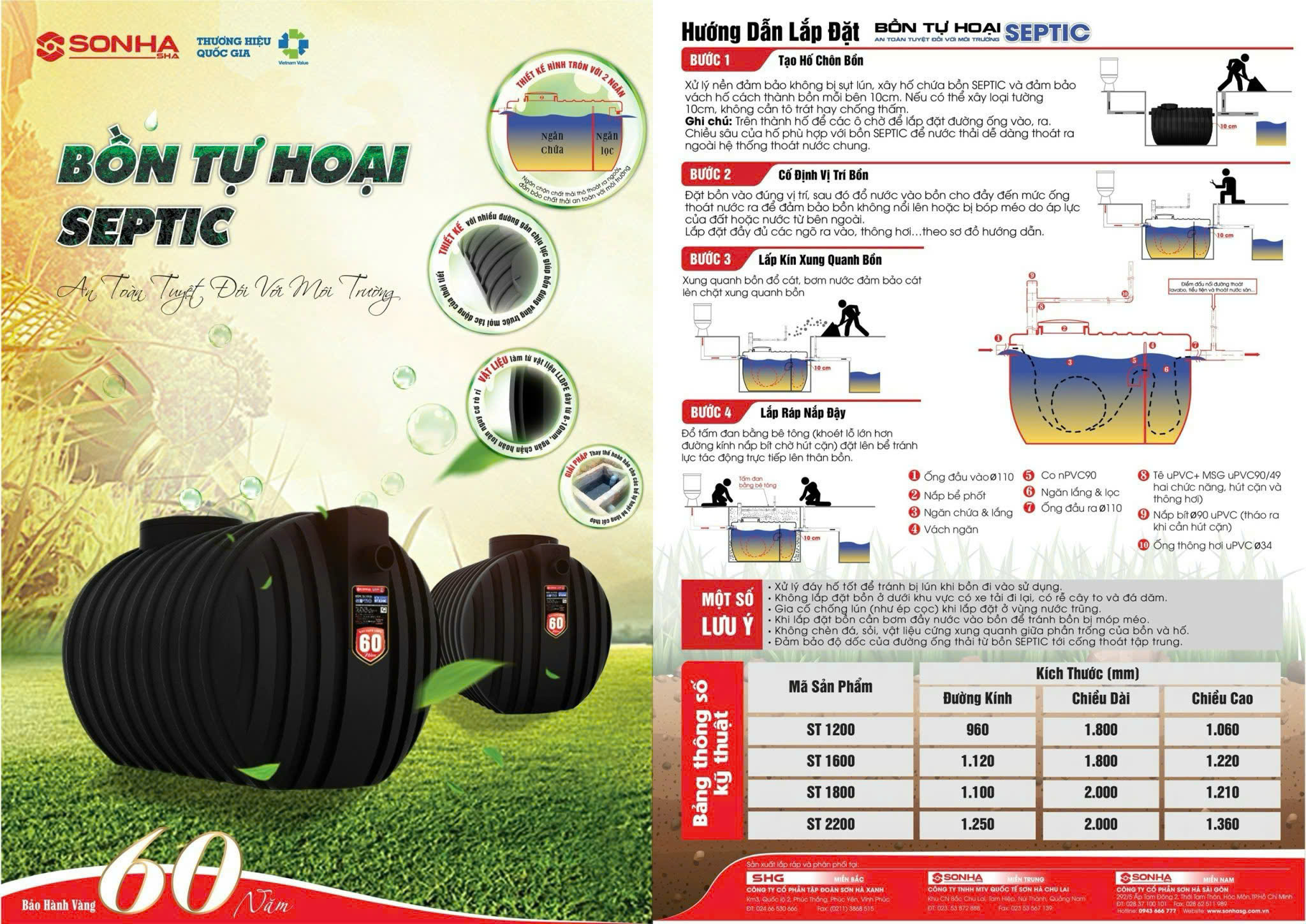 BỒN TỰ HOẠI SƠN HÀ 1200L NGANG – 1.2 KHỐI – 3 NGĂN Bồn tự hoại Sơn Hà 1200L ngang (bể phốt 1200 lít, tự hoại 1.2 khối nằm, 1,2m³ nằm Sơn Hà 3 ngăn) là giải pháp chứa phân toilet WC an toàn