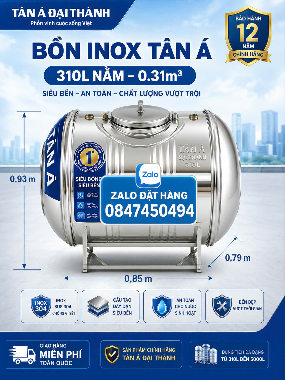 BỒN INOX TÂN Á ĐẠI THÀNH 310L NẰM Téc inox 0.31 m3 0,3 khối inox 300 lít nằm Bình inox Tân á 300L nằm giao miễn phí Toàn Quốc
