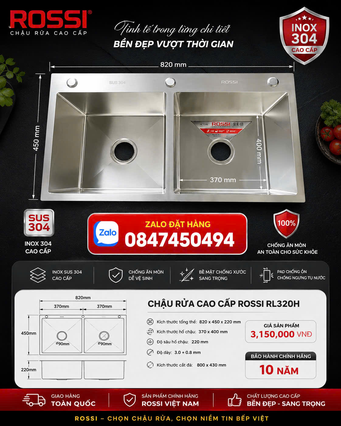CHẬU ROSSI RL320HChậu rửa chén bát 2 hộc lớn cao cấp RL320H chính hãng giao miễn phí Toàn Quốc